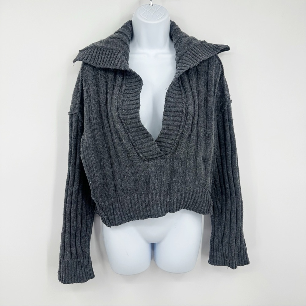 We The Free Gray Rudi Funnel Neck Knit Sweater V Neck Boho Oversized
